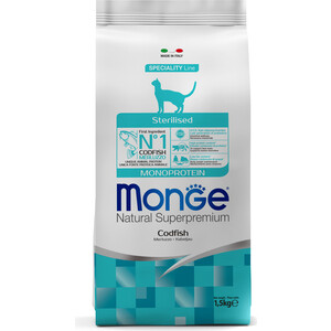 Сухой корм Monge Cat Monoprotein Sterilised Merluzzo для стерилизованных кошек с треской 1,5 кг - фото 1