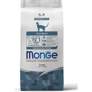 Сухой корм Monge Cat Monoprotein Sterilised Trout для стерилизованных кошек с форелью 1,5 кг - фото 1
