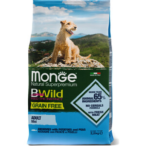 Сухой корм Monge Dog BWild GRAIN FREE Mini беззерновой из анчоуса с картофелем для взрослых собак мелких пород 2,5 кг