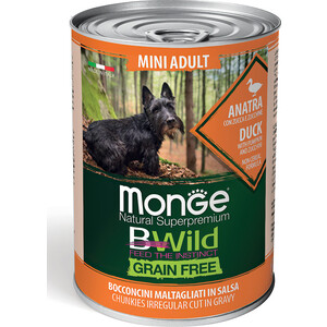 фото Консервы monge dog bwild grain free mini беззерновые из утки с тыквой и кабачками для взрослых собак мелких пород 400 г