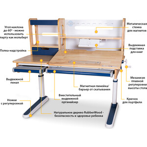 фото Детский стол mealux oxford wood bl bd-920 wood bl с полкой столешница дерево/накладки на ножках синие