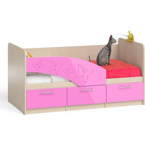 фото Кровать детская свк бабочки 1,6л дуб атланта/розовый глянец 80х160 левая