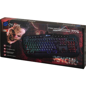 фото Клавиатура oklick 777g psycho черный usb multimedia for gamer led (подставка для запястий)