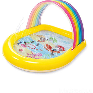 фото Детский надувной бассейн intex 57156 147х130х86см радуга с навесом и фонтанчиками, 84л, от 2 лет