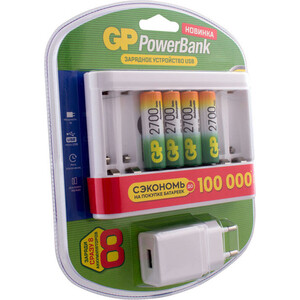 фото Зарядное устройство с аккумулятором gp powerbank u811gs270aahc (gpu) aa nimh 2700mah (4шт)