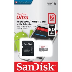 

Карта памяти Sandisk microSDHC 16Gb Class10 SDSQUNS-016G-GN3MA Ultra 80 + adapter, microSDHC 16Gb Class10 SDSQUNS-016G-GN3MA Ultra 80 + adapter