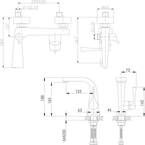 фото Комплект смесителей rossinka silvermix для раковины и ванны, с душем, хром (rs34-31, rs34-12u)