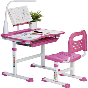 Комплект парта + стул Rifforma SET-17 цвет металла - белый, цвет ЛДСП - белый, цвет пластика - розовый с лампой Comfort-01