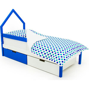 Детская кровать-домик Бельмарко мини Svogen сине-белый + ящики 1 синий, 1 белый + бортик ограждение бельмарко ящики для кровати stumpa домики ч б