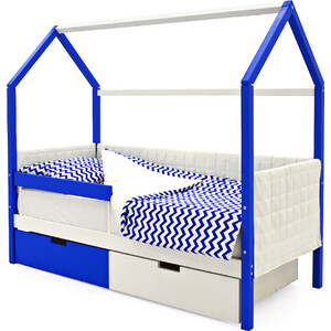 Детская кровать-домик мягкий Бельмарко Svogen сине-белый + ящики 1 синий, 1 белый + бортик ограждение детская кровать домик бельмарко мягкий svogen белый