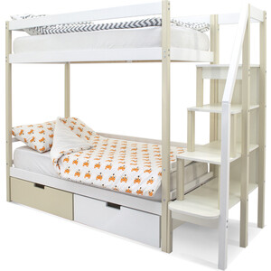 Бельмарко Детская двухярусная кровать Svogen бежево-белый + ящики 1 бежевый, 1 белый
