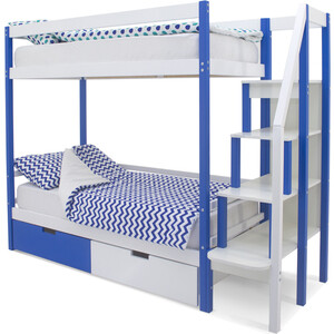 Бельмарко Детская двухярусная кровать Svogen сине-белый + ящики 1 синий, 1 белый