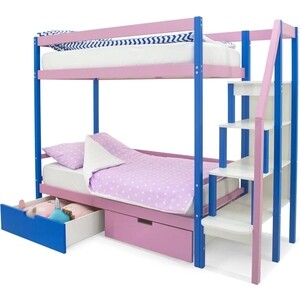 фото Бельмарко детская двухярусная кровать svogen синий-лаванда + ящики 1 синий, 1 лаванда + бортик ограждение
