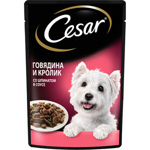 фото Паучи cesar с говядиной, кроликом и шпинатом в соусе для собак 85г