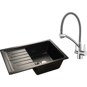 Кухонная мойка и смеситель GranFest Practik GF-P760L, Lemark Comfort LM3071C-Gray с сифоном, черная