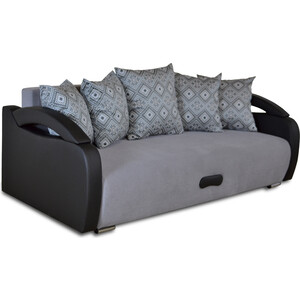 фото Прямой диван-кровать mgroup рона (ткань lugano 01+nice grey, кожзам черный полуматовый орегон 16)