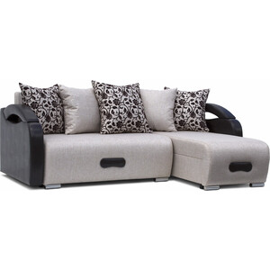 фото Угловой диван-кровать mgroup рона с оттоманкой (ткань lugano 01+nice grey, кожзам черный полумат орегон 16)