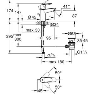 фото Смеситель для раковины grohe bauedge с донным клапаном, хром (23894001)