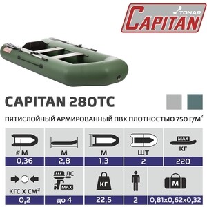 Лодка надувная Тонар Капитан 280Тс зеленый - фото 3