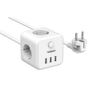 фото Сетевой фильтр tessan ts-301 с кнопкой питания на 3 розетки и 3 usb, white