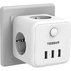 фото Сетевой фильтр tessan ts-301-de с кнопкой питания на 3 розетки и 3 usb, white