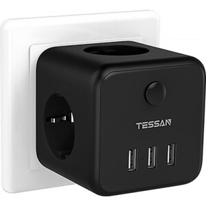 фото Сетевой фильтр tessan ts-301-de с кнопкой питания на 3 розетки и 3 usb, black