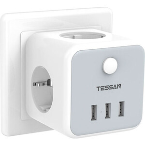 фото Сетевой фильтр tessan ts-301-de с кнопкой питания на 3 розетки и 3 usb, grey