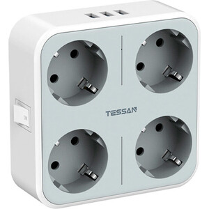фото Сетевой фильтр tessan ts-302-de с кнопкой питания на 4 розетки и 3 usb, grey
