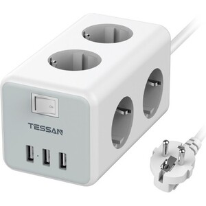 фото Сетевой фильтр tessan ts-306 с кнопкой питания на 6 розеток и 3 usb, grey