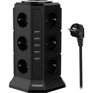 фото Сетевой фильтр tessan tp-va5u12e с кнопкой питания на 12 розеток и 5 usb, black