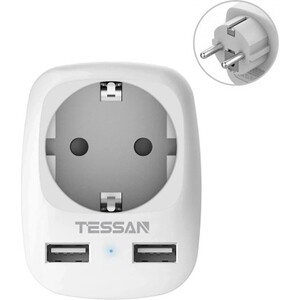 Сетевой фильтр TESSAN TS-611-DE с кнопкой питания на 1 розетку и 2 USB, White