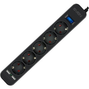 Фильтр Sven Surge protector SF-05LU 3.0 м (5 евро розеток, 2*USB(2,4A)) черный, цветная коробка (SV-018849) sven sf 05lu 1 8