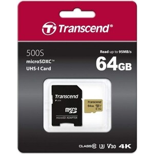 Карта памяти Transcend 64GB microSDXC Class 10 UHS-I U3 V30 R95, W60MB/s with adapter (TS64GUSD500S)