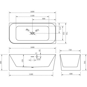 Акриловая ванна Abber 160х75 правая, на каркасе, слив-перелив (AB9331-1.6 R)