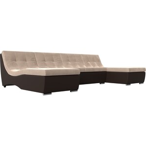 фото Артмебель п-образный модульный диван монреаль велюр бежевый экокожа коричневый
