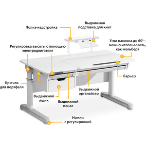 фото Стол с электроприводом mealux electro 730 wg + полка bd-s50 white (bd-730 wg + bd-s50 white) столешница белая накладки на ножках серые