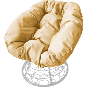 фото Кресло планета про пончик с ротангом белое, бежевая подушка