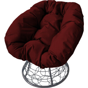 фото Кресло планета про пончик с ротангом серое, бордовая подушка
