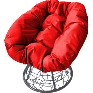 фото Кресло планета про пончик с ротангом серое, красная подушка