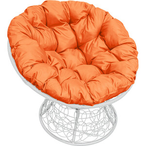 фото Кресло планета про папасан с ротангом белое, оранжевая подушка