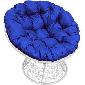 фото Кресло планета про папасан с ротангом белое, синяя подушка