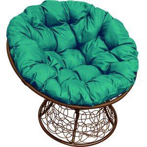 фото Кресло планета про папасан с ротангом коричневое, зелёная подушка