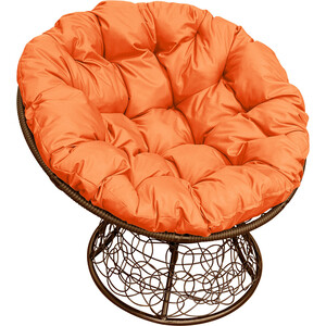 фото Кресло планета про папасан с ротангом коричневое, оранжевая подушка