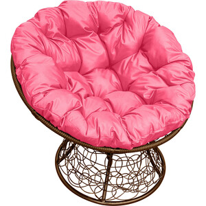 фото Кресло планета про папасан с ротангом коричневое, розовая подушка