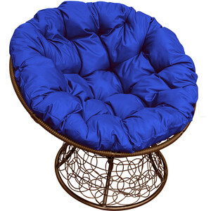 фото Кресло планета про папасан с ротангом коричневое, синяя подушка