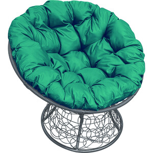 фото Кресло планета про папасан с ротангом серое, зелёная подушка
