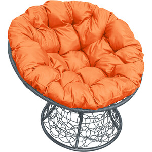 фото Кресло планета про папасан с ротангом серое, оранжевая подушка
