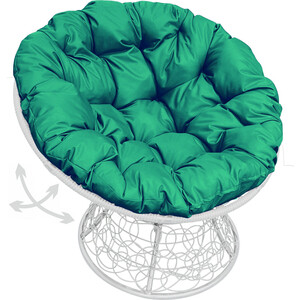 фото Кресло планета про папасан пружинка с ротангом белое, зелёная подушка