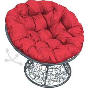 фото Кресло планета про папасан пружинка с ротангом серое, красная подушка