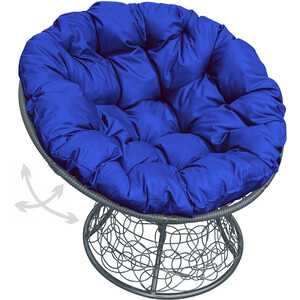 фото Кресло планета про папасан пружинка с ротангом серое, синяя подушка